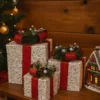 white glitter christmas gift boxes – trio set with red ribbon accents