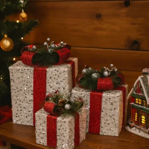 white glitter christmas gift boxes – trio set with red ribbon accents