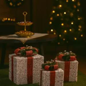 white glitter christmas gift boxes – trio set with red ribbon accents