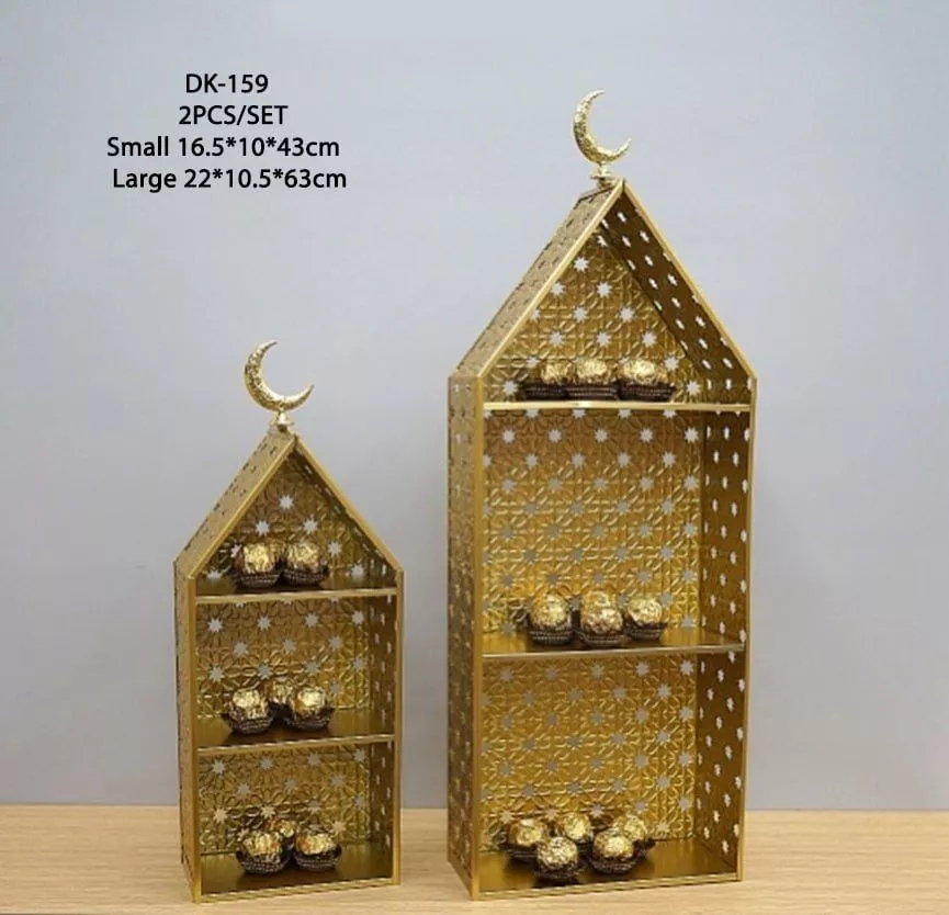 2 piece golden ramadan stand with house design & elegant crescents
