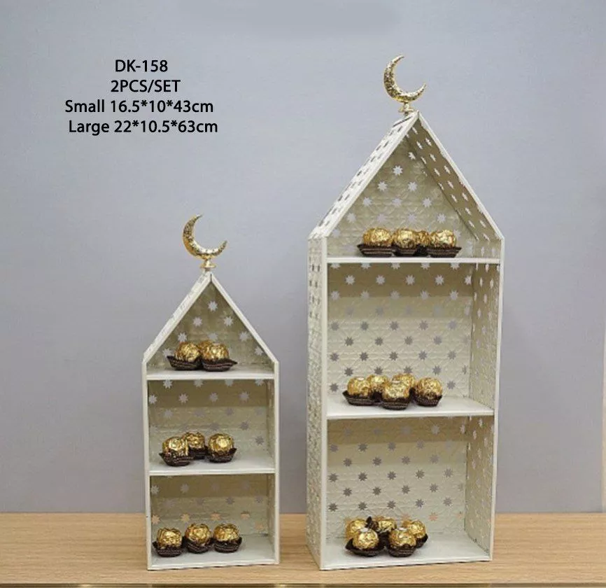 2 piece white ramadan stand with house design & golden crescents