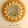 Boho Round Wall Mirror With Natural Straw Frame Embroidered Fabric Leaves Elegant Home Decor 0000 100x100