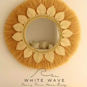Boho Round Wall Mirror with Natural Straw Frame & Embroidered Fabric Leaves – Elegant Home Décor