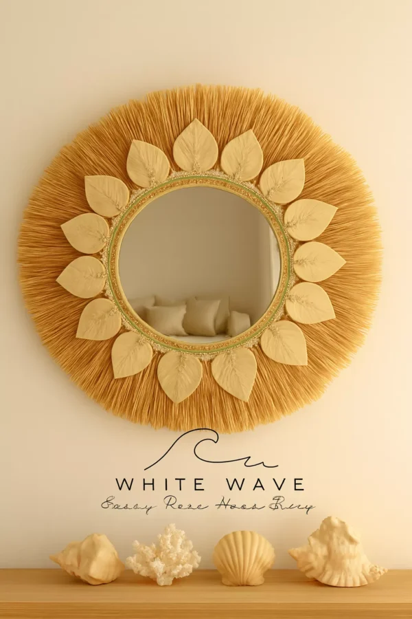 boho-round-wall-mirror-with-natural-straw-frame-embroidered-fabric-leaves-elegant-home-decor-0000 Boho Round Wall Mirror with Natural Straw Frame & Embroidered Fabric Leaves – Elegant Home Décor