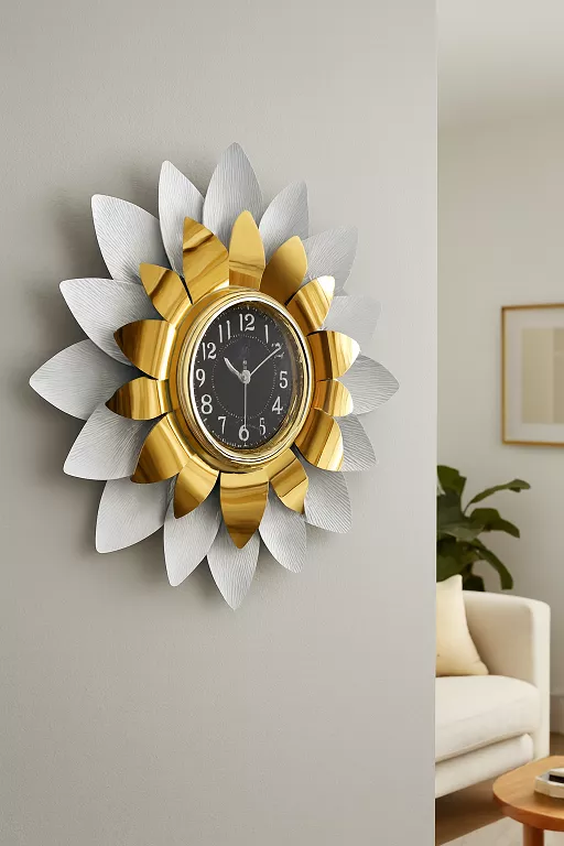 Decorative Wall Clock – Gold & White Flower Design