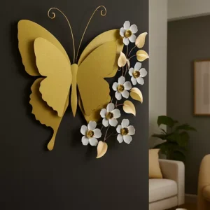 Luxury Wall Art – Golden Butterfly & White Flowers