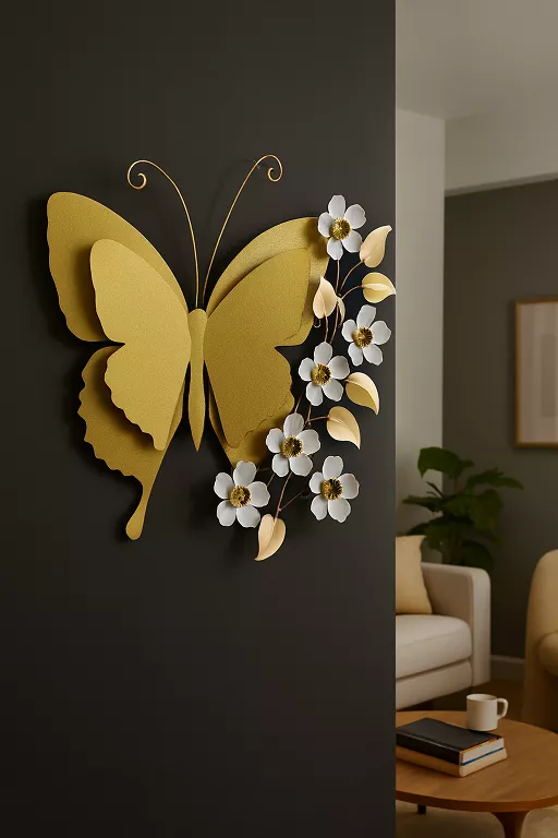 Luxury Wall Art – Golden Butterfly & White Flowers