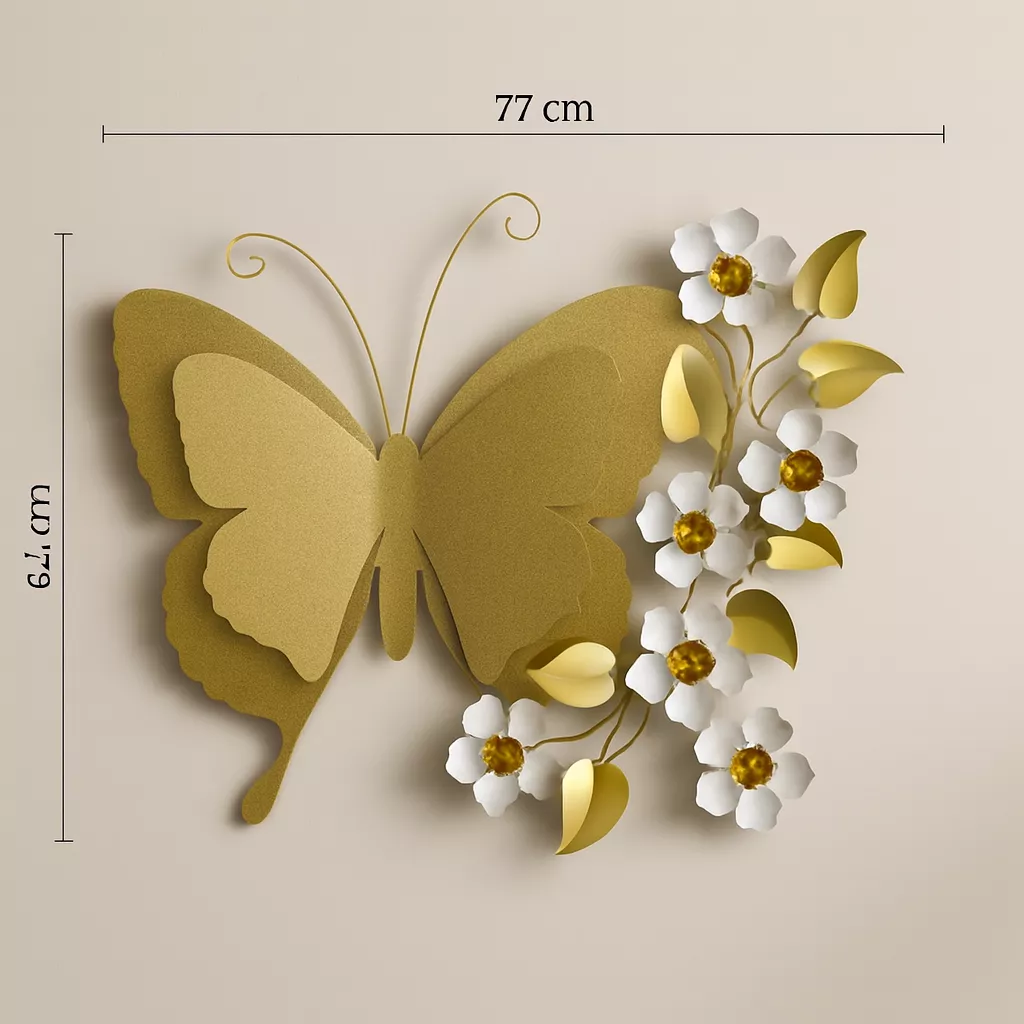 Luxury Wall Art – Golden Butterfly & White Flowers - Image 2