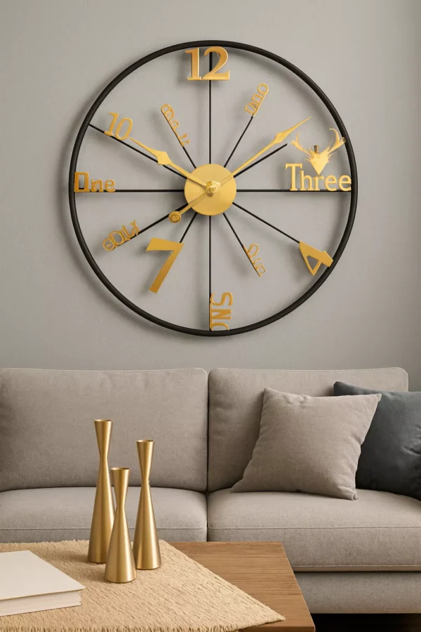 modern-decorative-wall-clock-open-face-design-with-gold-mixed-numerals-and-black-frame-00 Modern Decorative Wall Clock – Open Face Design with Gold Mixed Numerals and Black Frame - الصورة 2