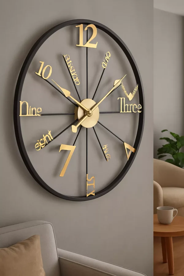 modern-decorative-wall-clock-open-face-design-with-gold-mixed-numerals-and-black-frame-01 Modern Decorative Wall Clock – Open Face Design with Gold Mixed Numerals and Black Frame