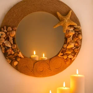 Round Mirror with Rope and Seashells – Elegant Wall Hanging Accent