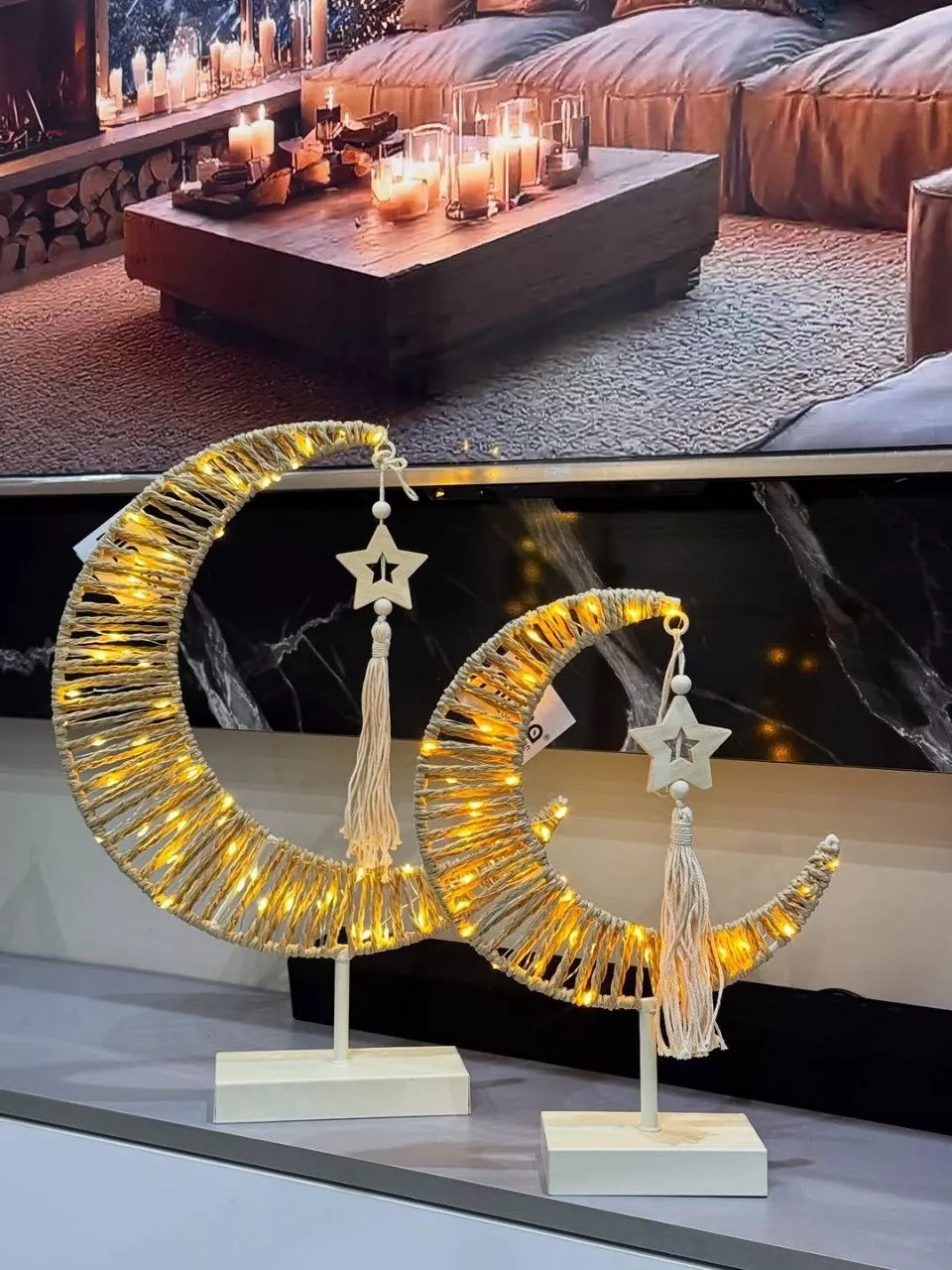 decorative crescent light with wooden star & tassel – elegant festive design