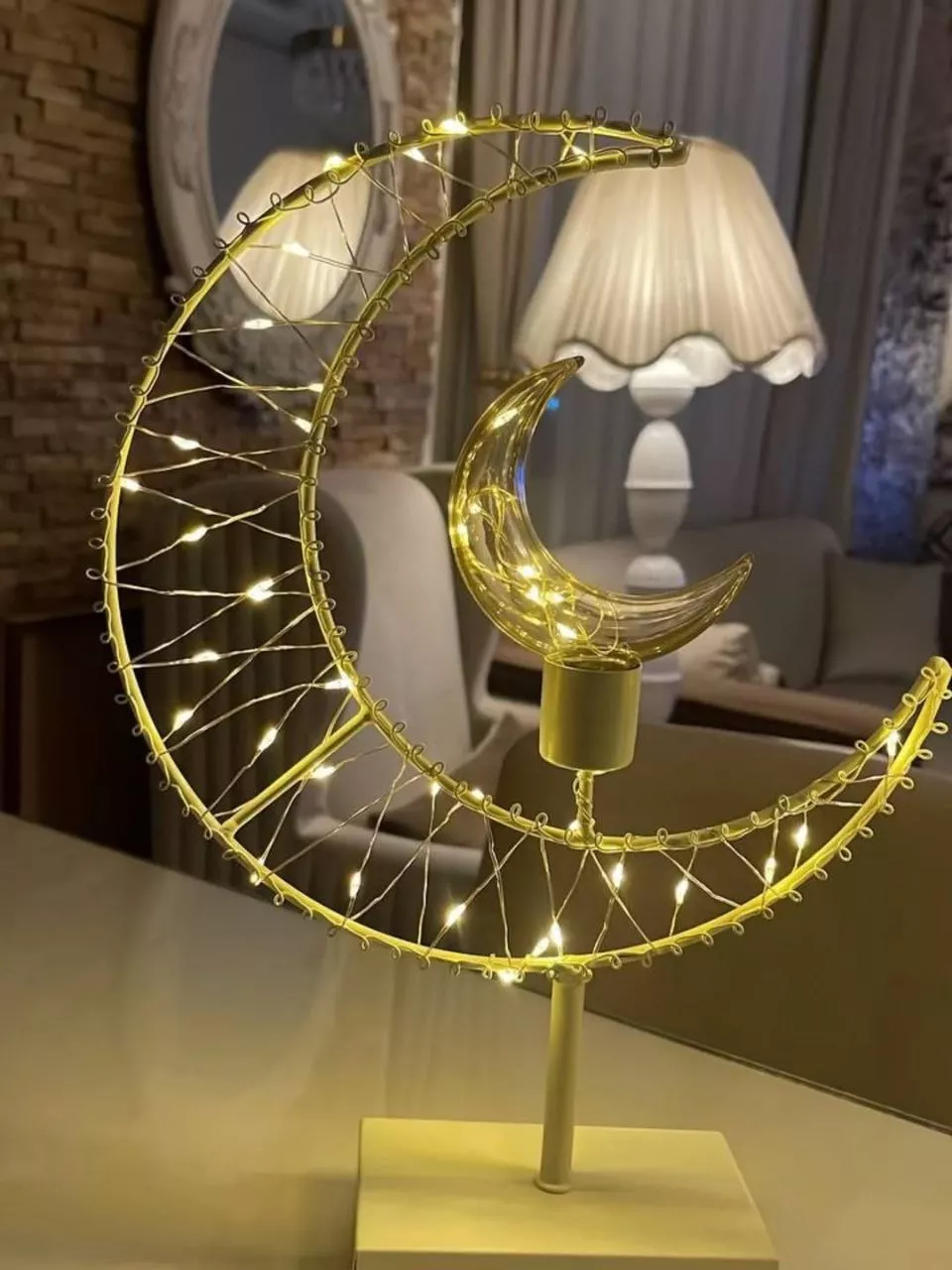 decorative crescent moon & star lamp – warm led light on white base