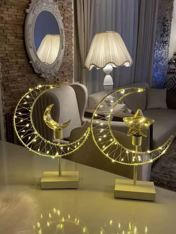 decorative crescent moon & star lamp – warm led light on white base decorative crescent moon & star lamp – warm led light on white base