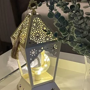 illuminated crescent lantern – white & gold ramadan décor