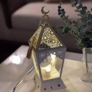 illuminated crescent lantern – white & gold ramadan décor