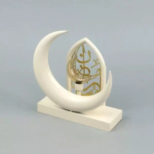islamic crescent lamp with elegant base and arabic calligraphy