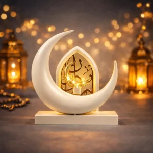 islamic crescent lamp with elegant base and arabic calligraphy