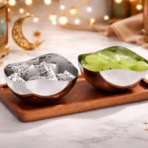 luxury 2 bowl serving set – stainless steel & wooden tray