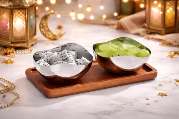 luxury 2 bowl serving set – stainless steel & wooden tray luxury 2 bowl serving set – stainless steel & wooden tray