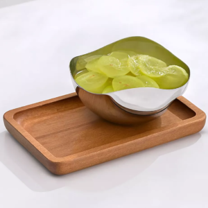 luxury 2 bowl serving set – stainless steel & wooden tray