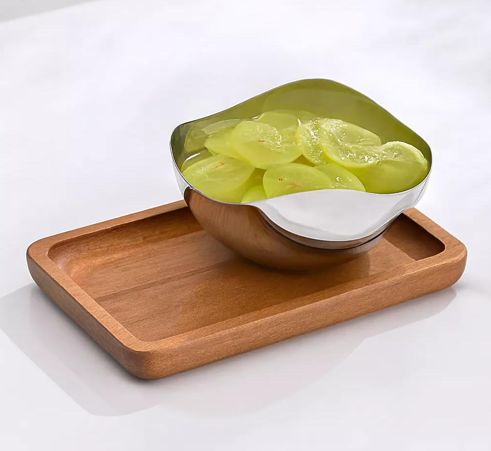 luxury 2 bowl serving set – stainless steel & wooden tray
