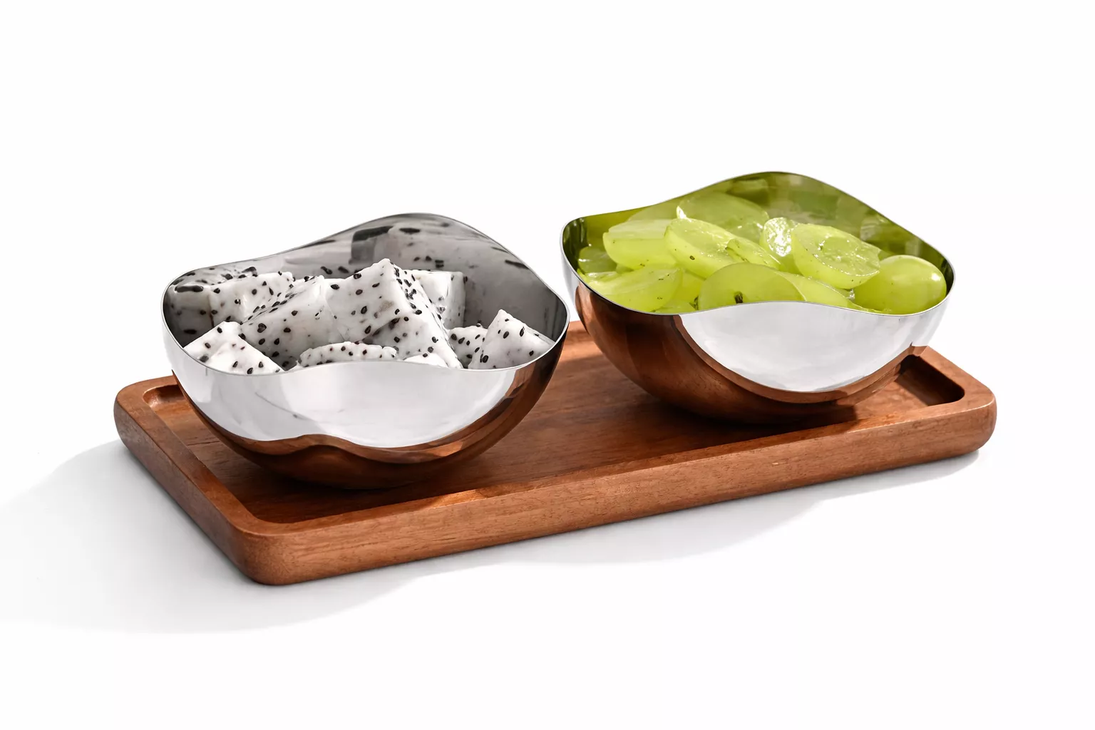 luxury 2 bowl serving set – stainless steel & wooden tray
