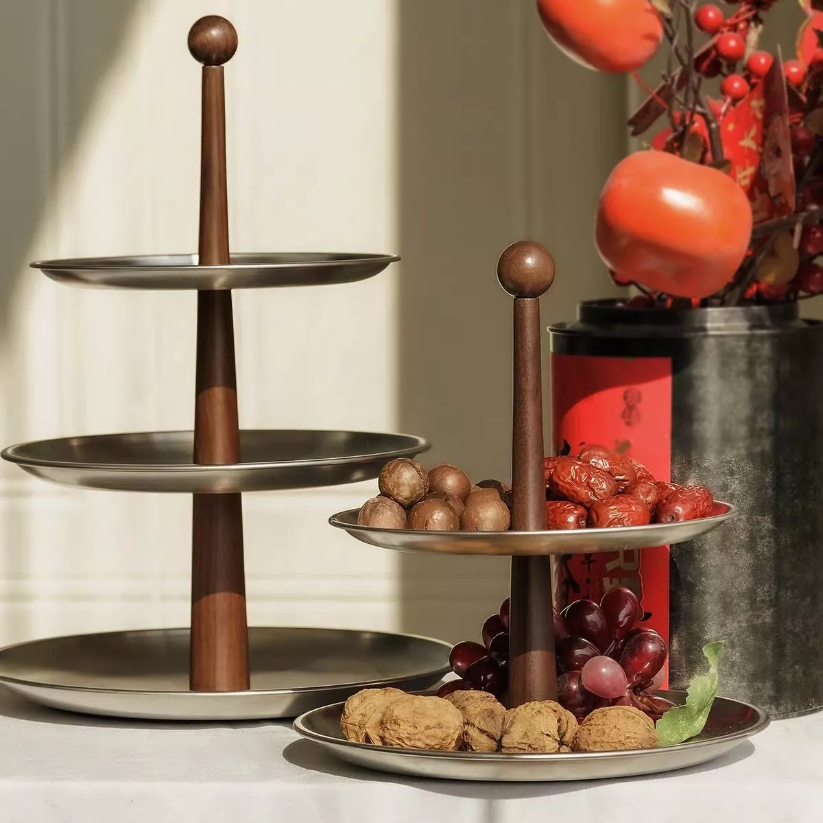 luxury 2 tier / 3 tier serving tray – solid walnut & stainless steel