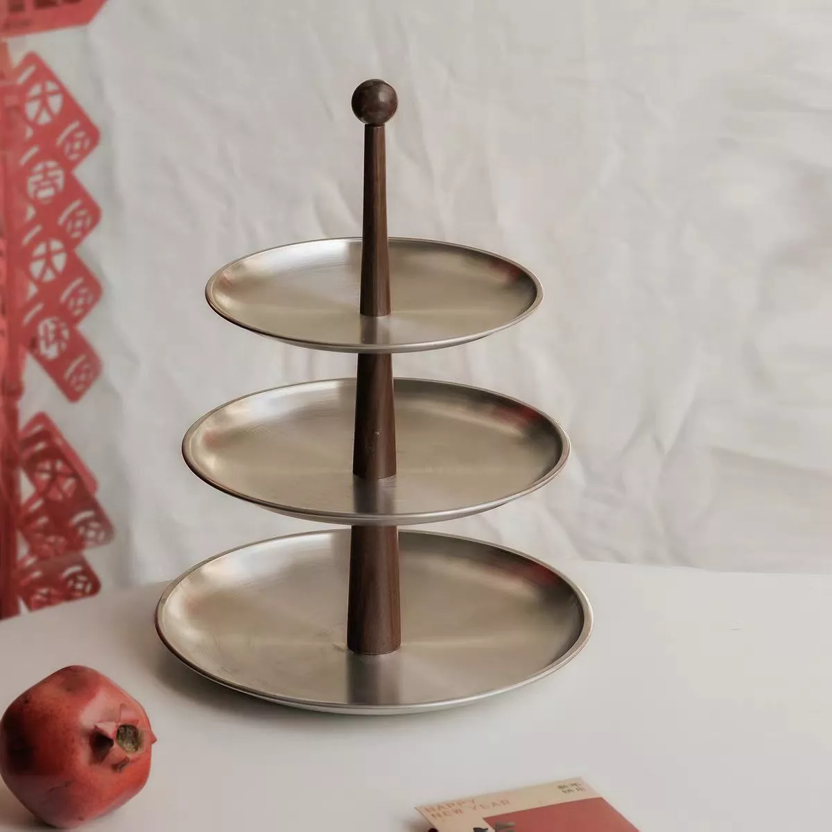 luxury 2 tier / 3 tier serving tray – solid walnut & stainless steel