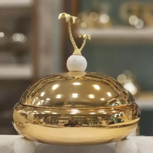 luxury gold date bowl with ornate lid – elegant design, triple ball base & palm finial