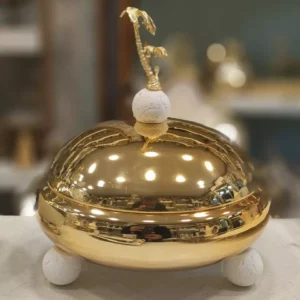 luxury gold date bowl with ornate lid – elegant design, triple ball base & palm finial