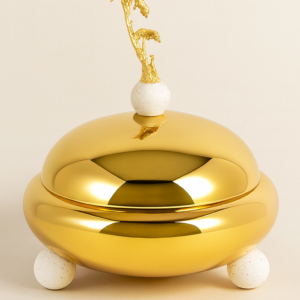 luxury gold date bowl with ornate lid – elegant design, triple ball base & palm finial