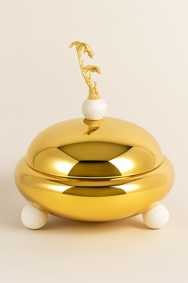 luxury gold date bowl with ornate lid – elegant design, triple ball base & palm finial luxury gold date bowl with ornate lid – elegant design, triple ball base & palm finial
