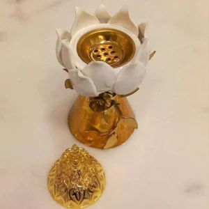 luxury lotus shaped incense holder – gold base, ornate lid, elegant artistic design