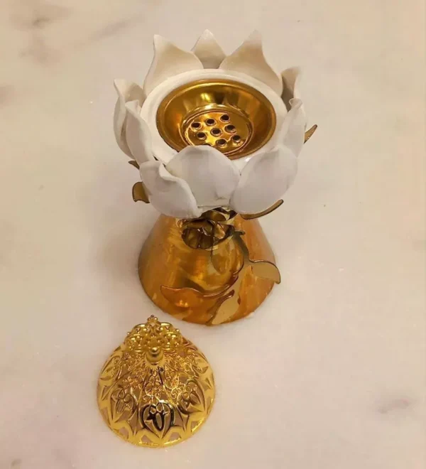 luxury lotus shaped incense holder – gold base, ornate lid, elegant artistic design luxury lotus shaped incense holder – gold base, ornate lid, elegant artistic design