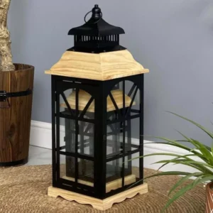 luxury ramadan lantern – black metal with natural wood accents