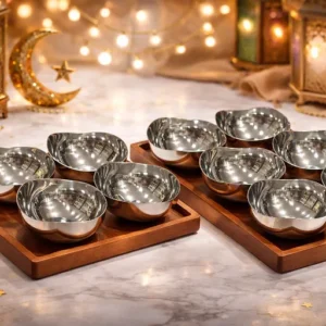 luxury stainless steel bowl set – walnut wood tray 4 and 6 bowls