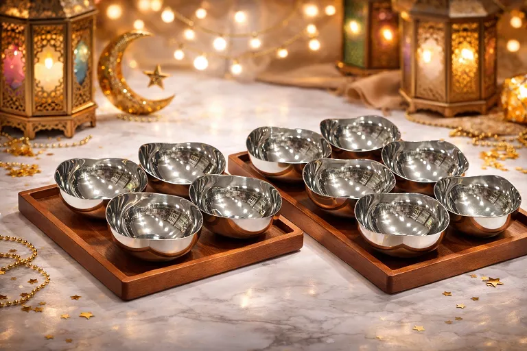 luxury stainless steel bowl set – walnut wood tray 4 and 6 bowls