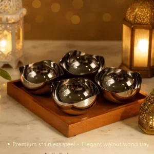 luxury stainless steel bowl set – walnut wood tray 4 and 6 bowls