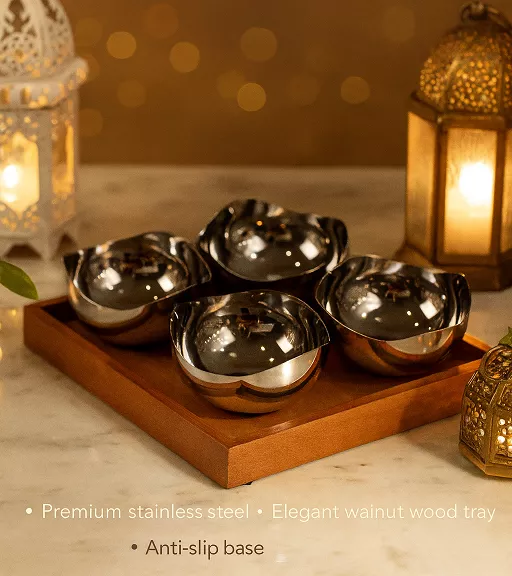 luxury stainless steel bowl set – walnut wood tray 4 and 6 bowls