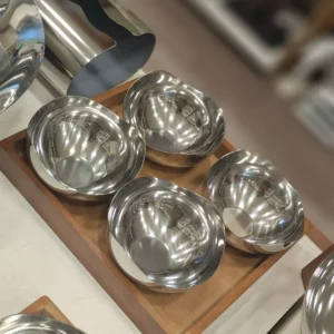 luxury stainless steel bowl set – walnut wood tray 4 and 6 bowls