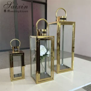 metal decorative lantern with rectangular base – 3 sizes – silver or gold finish, elegant design with clear glass and top handle
