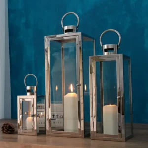 metal decorative lantern with rectangular base – 3 sizes – silver or gold finish, elegant design with clear glass and top handle