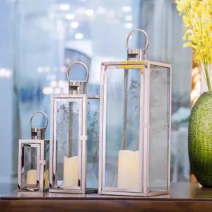 metal decorative lantern with rectangular base – 3 sizes – silver or gold finish, elegant design with clear glass and top handle