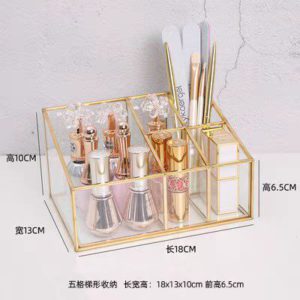 luxury glass makeup organizer with golden frame – 5 compartments