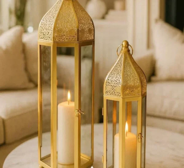ottoman style ramadan lantern set – 2 pieces gold metal decor ottoman style ramadan lantern set – 2 pieces gold metal decor