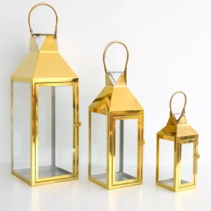 premium 3 piece rectangular glass ramadan lantern set with golden frame