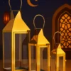 premium 3 piece rectangular glass ramadan lantern set with golden frame