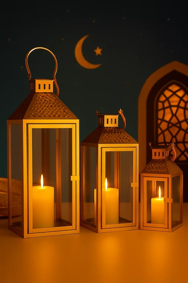 premium 3 piece rectangular ramadan lantern set with clear glass and perforated top premium 3 piece rectangular ramadan lantern set with clear glass and perforated top