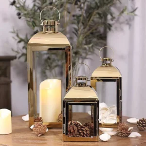 set of 3 decorative gold lanterns with faux candles – elegant indoor décor